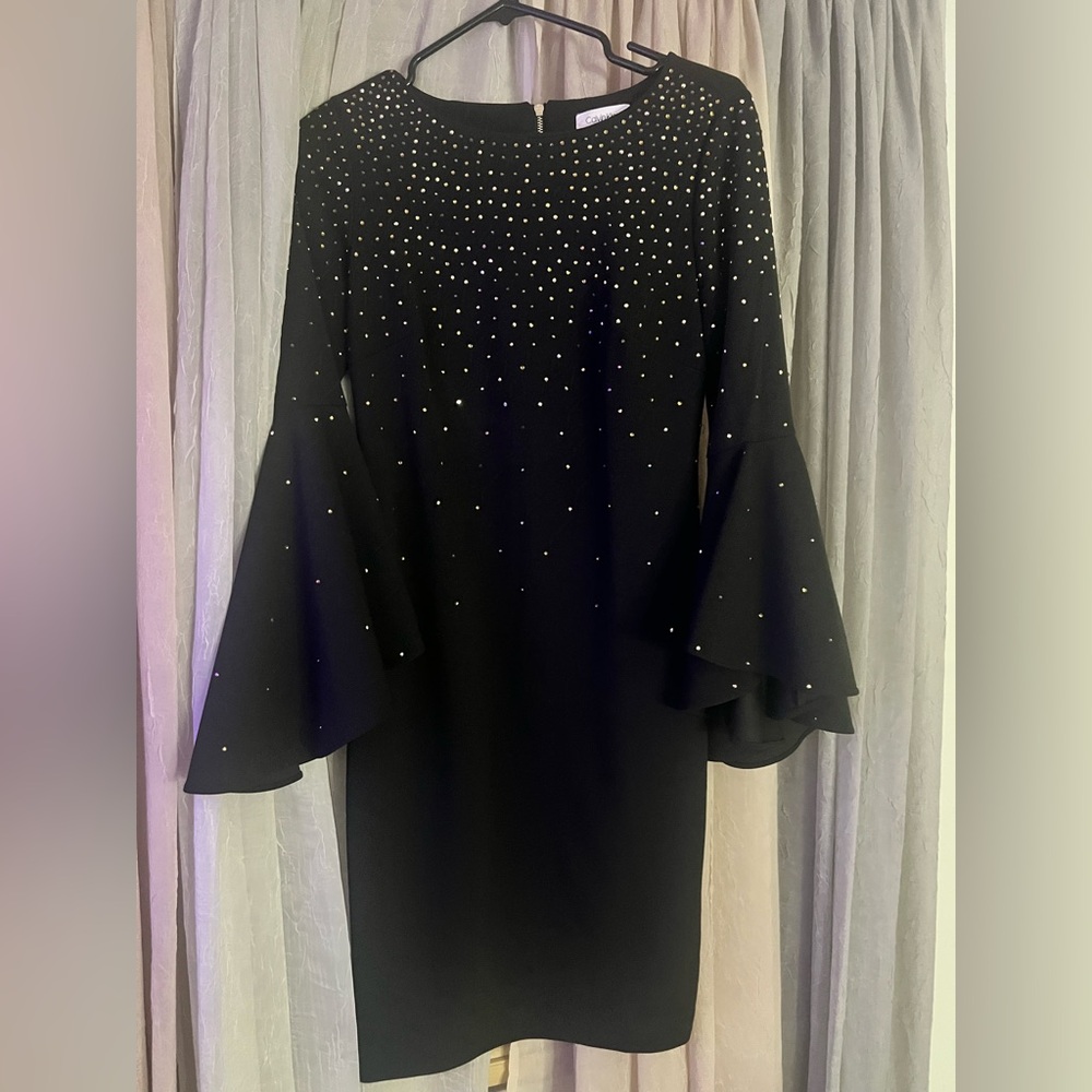 Calvin Klein Black Dress with Bell Sleeves and Studded Detail